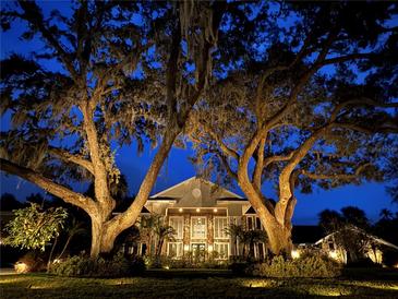 Stunning two-story home with stone accents, beautifully lit at night at 16403 Zurraquin De Avila, Tampa, FL 33613