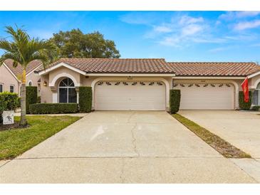 Tan two-story home with a two-car garage and manicured landscaping at 3838 Muirfield Ct, Palm Harbor, FL 34685