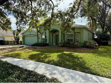 Single-story house with a green exterior, two-car garage, and manicured lawn at 7225 Hammet Rd, Tampa, FL 33647