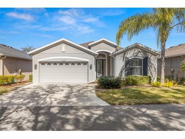 Single-story home with two-car garage, landscaping, and palm trees at 29149 Cochiti Lake Dr, San Antonio, FL 33576