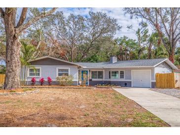 Gray Ranch home with a blue front door and mature landscaping at 7000 Dr Martin Luther King Jr S St, St Petersburg, FL 33705