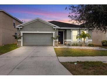 Two-story house with gray siding, two-car garage, and landscaped yard at 12152 Ledbury Commons Dr, Gibsonton, FL 33534