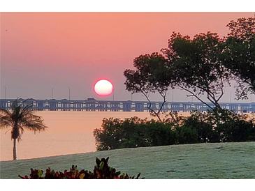 Stunning sunrise over the water with bridge in the distance at 2616 Cove Cay Dr # 102, Clearwater, FL 33760