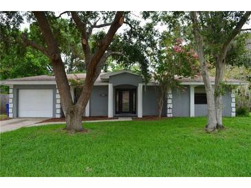 Gray house with a black front door, two-car garage, and well-maintained lawn at 960 Lakewood Dr, Dunedin, FL 34698