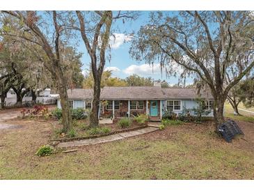 Ranch style home with light blue exterior, landscaping, and walkway at 3009 Jim Johnson Rd, Plant City, FL 33566