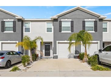Two story townhome with gray siding, two car garage, and palm trees at 34395 Sorrel Mint Dr, Wesley Chapel, FL 33543