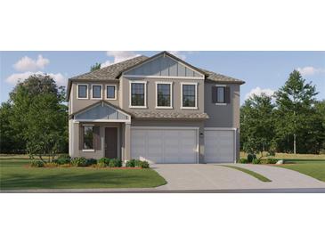 Two-story home with gray siding, white trim, and a two-car garage at 18412 Serene Lake Loop, Lutz, FL 33548