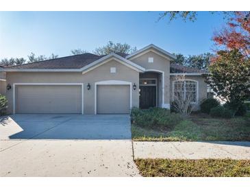 Tan three-car garage house with lush landscaping at 10721 Rockledge View Dr, Riverview, FL 33579