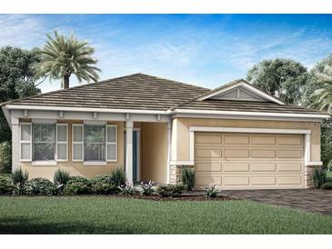 Single-story home with light beige exterior, a two-car garage, and landscaping at 11819 Starbright Path, Venice, FL 34293