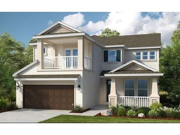 Two-story house with brown garage door and balcony at 1920 Longliner Loop, Wesley Chapel, FL 33543