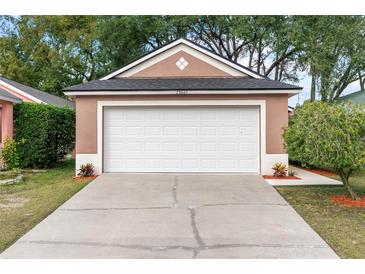 Exterior view of the home's front-facing two-car garage and driveway at 28643 Seashell Ct, Wesley Chapel, FL 33545