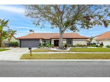 Single-story home with a tile roof, landscaping, and a large tree in the front yard at 5809 Cruiser Way, Tampa, FL 33615