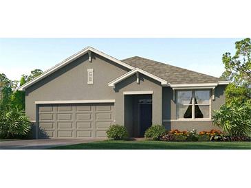 One-story home with gray siding, two-car garage, and landscaping at 10580 Farm Hill Ave, Land O Lakes, FL 34638