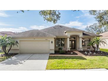 One-story home with attached garage, landscaping, and a paved driveway at 19106 Cellini Pl, Lutz, FL 33558