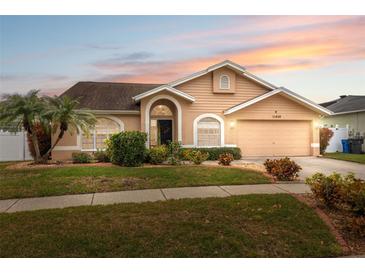 Tan house with a landscaped lawn and a two-car garage at 11424 Zenith Cir, Tampa, FL 33635