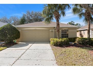 Tan house with a two-car garage and landscaping at 10833 Collar Dr, San Antonio, FL 33576