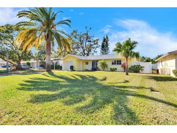 Ranch style home with palm trees and well-maintained lawn at 2589 Redwood Cir, Clearwater, FL 33763