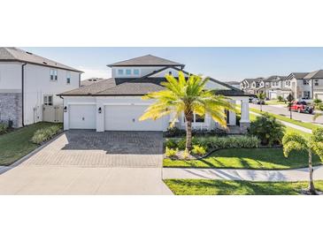 Two-story house with a three-car garage and palm tree landscaping at 7678 Notched Pine Bnd, Wesley Chapel, FL 33545