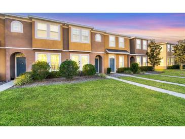 Charming townhome with a well-maintained lawn and colorful exterior under a beautiful sky at 7041 Spotted Deer Pl, Riverview, FL 33569