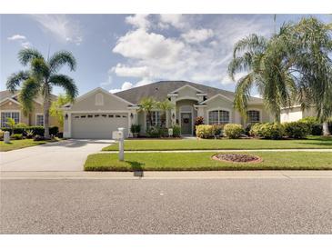 One-story house with light beige exterior, two-car garage, and lush landscaping at 12311 Silton Peace Dr, Riverview, FL 33579