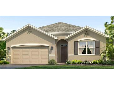 Single-story home with neutral stucco siding, gray roof, and landscaping at 17347 Wheatberry Blvd, Parrish, FL 34219