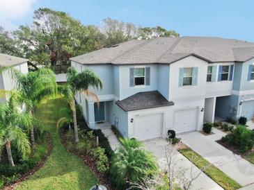 Two-story townhome with light blue exterior and palm trees at 3818 Cat Mint St, Tampa, FL 33619