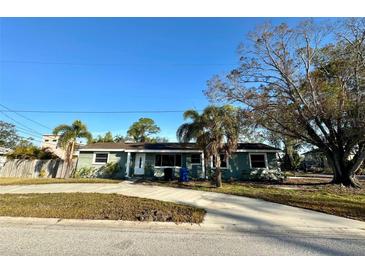 Ranch-style home with a green exterior, palm trees, and a spacious yard at 1599 Arizona Ne Ave, St Petersburg, FL 33703