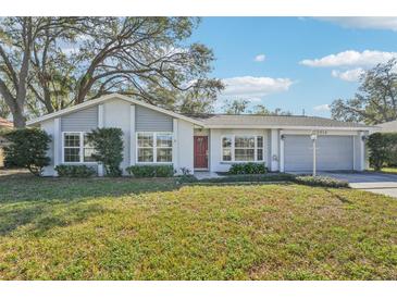 Charming single-story home with gray siding, red door, and attached garage at 13214 Moran Dr, Tampa, FL 33618