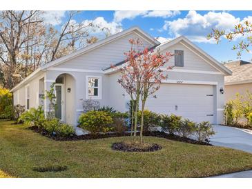 Gray one-story house with landscaped yard, two-car garage, and a manicured lawn at 32857 Brooks Hawk Ln, Wesley Chapel, FL 33543