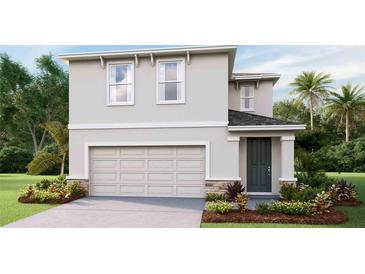 Two-story house with gray siding, a two-car garage, and landscaping at 6981 Broad River Ave, Land O Lakes, FL 34638