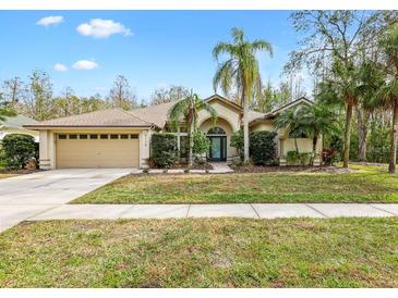 Single-story home with palm trees and a two-car garage at 9116 Exposition Dr, Tampa, FL 33626