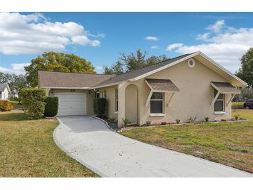 Tan single-story house with a garage and landscaped yard at 10704 Mira Vista Dr, Port Richey, FL 34668