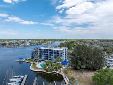 Aerial view of waterfront condo building with pool and boat slips at 4823 Ebbtide Ln # 403, Port Richey, FL 34668