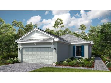 One-story home with gray siding, white garage door, and blue shutters at 29555 Zupetta Ln, Wesley Chapel, FL 33545