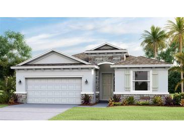 Two-story house with a stone facade, light gray siding, and a two-car garage at 10822 Patoka Ter, Parrish, FL 34219