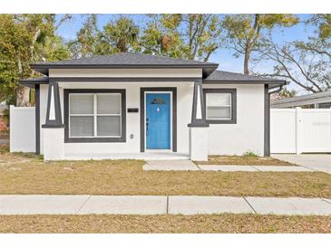 Newly renovated home featuring a modern exterior, stylish blue door, and a well-manicured lawn at 2302 E 23Rd Ave, Tampa, FL 33605