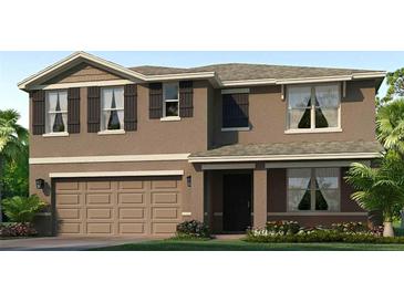 Two story home with neutral siding, dark shutters, and a two car garage at 10113 Brushy Creek Pl, Parrish, FL 34219