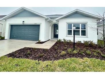 One-story home with gray siding, two-car garage, and landscaped yard at 11341 Hardwood Hammock Ln, Riverview, FL 33569