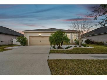 House exterior at dusk with a two-car garage at 12332 Prairie Valley Ln, Riverview, FL 33579