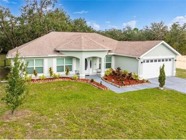 Single-story house with landscaped yard, attached garage, and a neutral color palette at 11421 Petrel Ave, Weeki Wachee, FL 34614