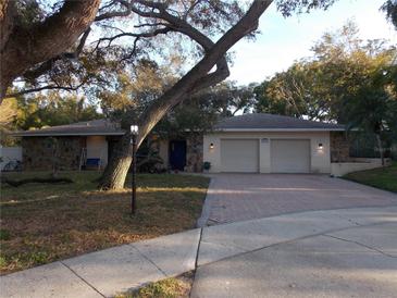 Single-story home with stone accents and a two-car garage at 2046 Winding Oaks Dr, Palm Harbor, FL 34683