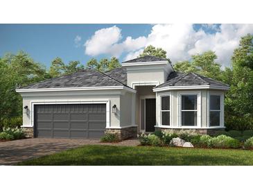 Attractive one-story home with gray roof and two-car garage at 29658 Cassino Ct, Wesley Chapel, FL 33543