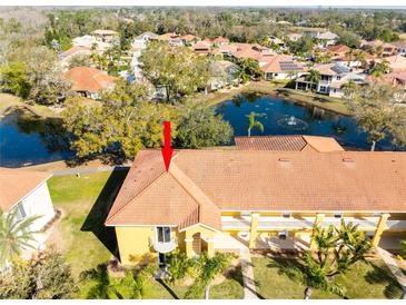 Aerial view of condo building near lake, showing property location and community amenities at 6816 Dali Ave # E206, Land O Lakes, FL 34637