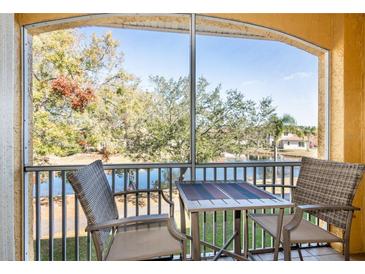 Screened balcony with seating, overlooking a peaceful lake and lush trees at 6816 Dali Ave # E206, Land O Lakes, FL 34637