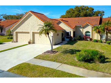 Spanish style home with two-car garage and landscaped lawn at 1162 Rustlewood Ct, Palm Harbor, FL 34684