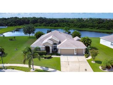 Single-Gathering home with three car garage, situated on a large lot with a pond view at 10919 Australian Pine Dr, Riverview, FL 33579