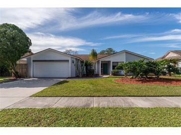 House exterior showcasing a well-maintained lawn, landscaping, and a two-car garage at 4726 Windflower Cir, Tampa, FL 33624