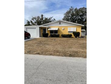 Ranch style home with a yellow exterior, attached garage, and mature landscaping at 4125 Citrus Dr, New Port Richey, FL 34652