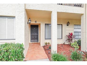 Condo building exterior featuring a walkway and landscaping at 1801 E Lake Rd # 15C, Palm Harbor, FL 34685