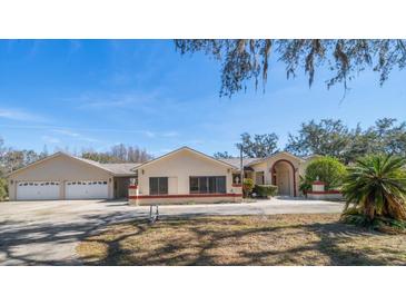 House exterior featuring a three-car garage and landscaped yard at 18419 Tyler Rd, Odessa, FL 33556